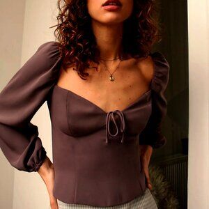 Wilfred Aritzia Novella Blouse Puff-sleeve bustier blouse brown